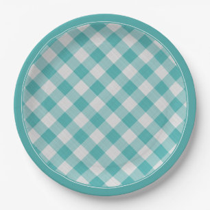 Aquamarin/White Gingham Karo Muster Einfach Karier Pappteller