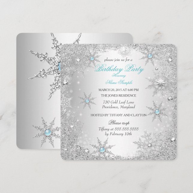Aquamarin Winter Wonderland Geburtstagsparty Einladung (Vorne/Hinten)