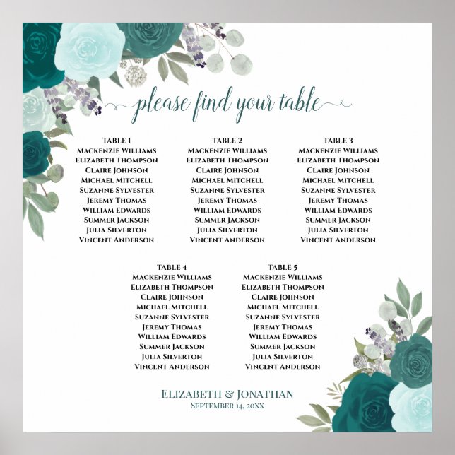 Aquamarine 5-Tisch-Tabelle Elegante Hochzeitssatte Poster (Vorne)