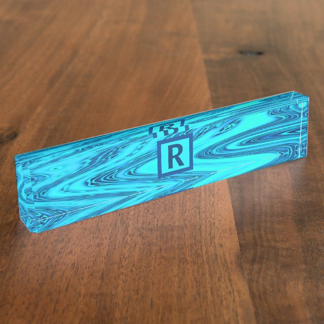 Aquamarine Abstrakte Mit Monogramm Anfänge der Bla Namensplakette (Seite)