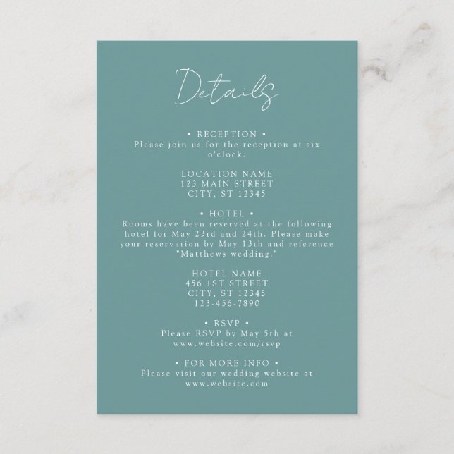 Aquamarine Angaben zur Hochzeit Begleitkarte (Vorderseite)