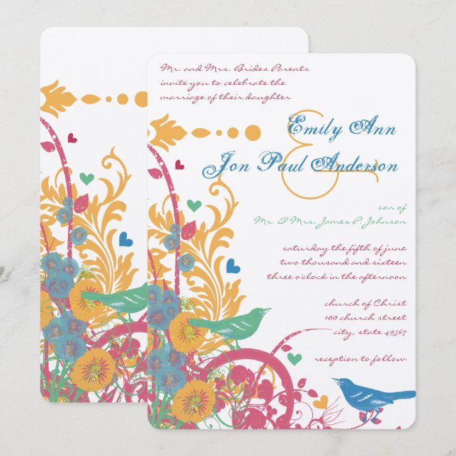 Aquamarine Aqua Beeswax Raspberry Green Lovebird W Einladung (Vorne/Hinten)