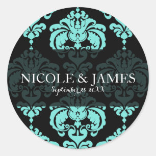 Aquamarine Aqua Black Damask Hochzeitsfeier Gefall Runder Aufkleber