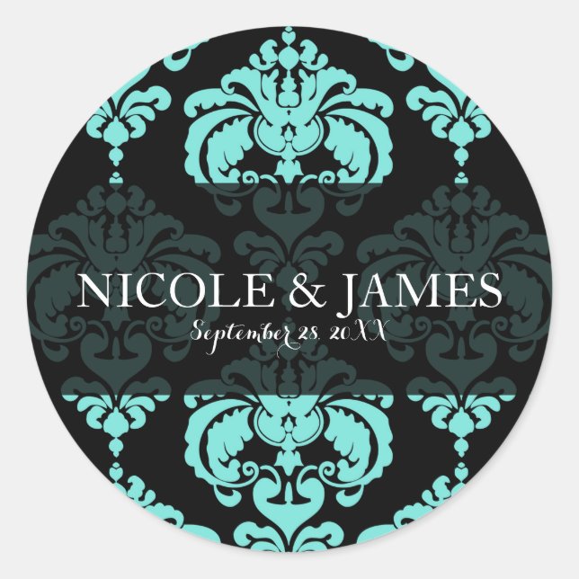 Aquamarine Aqua Black Damask Hochzeitsfeier Gefall Runder Aufkleber (Vorderseite)