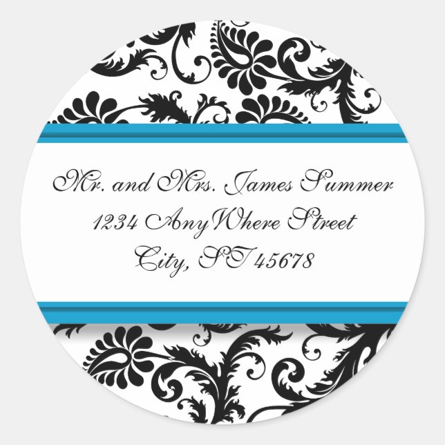 Aquamarine Aqua Blue Black Damask Anschrift Hochze Runder Aufkleber (Vorderseite)