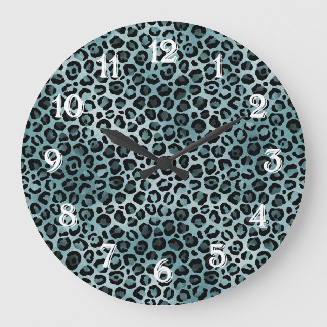 Aquamarine Aqua Leopard Print Große Wanduhr (Vorderseite)