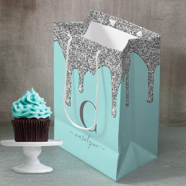 Aquamarine Aqua Silver Sparkle Glitzer Tropfen Mon Mittlere Geschenktüte