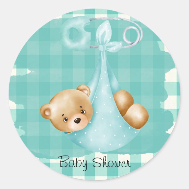 Aquamarine Aqua Teddy Bear Diaper Gingham Baby Dus Runder Aufkleber (Vorderseite)
