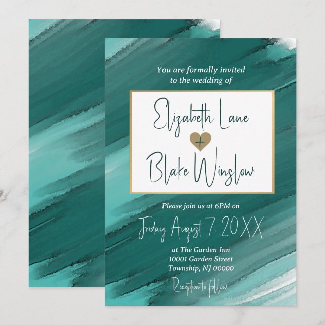 Aquamarine Aquarelleinladung - Hochzeit einladen Einladung (Vorne/Hinten)