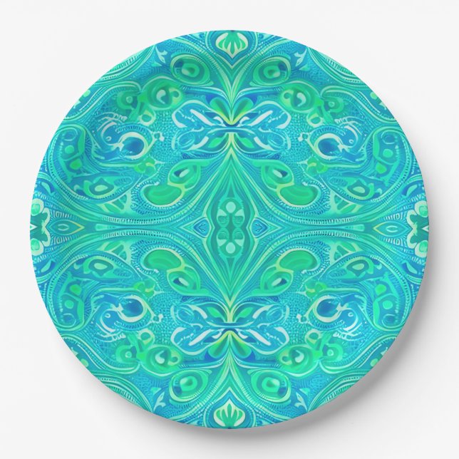 Aquamarine Arabesque Bohemisches Muster Pappteller (Vorderseite)