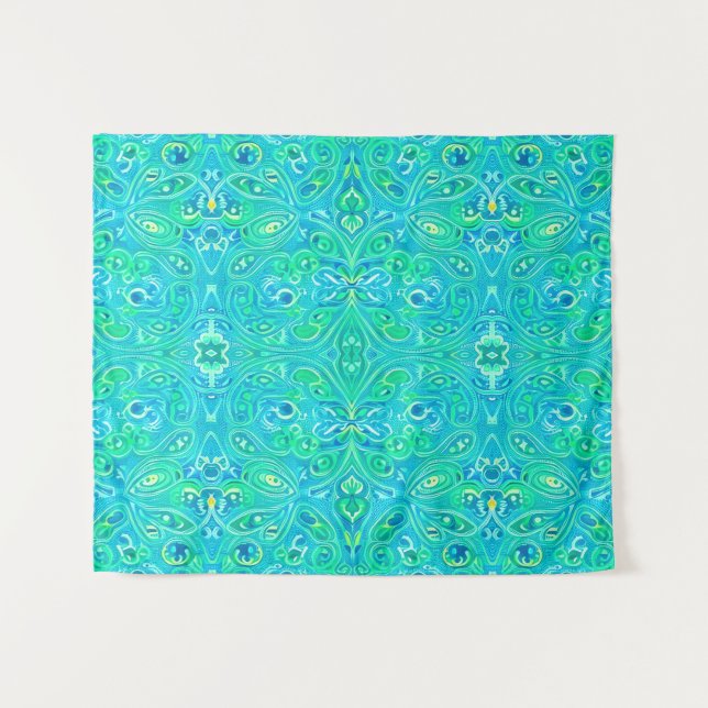 Aquamarine Arabesque Bohemisches Muster Wandteppich (Vorderseite (Horizontal))