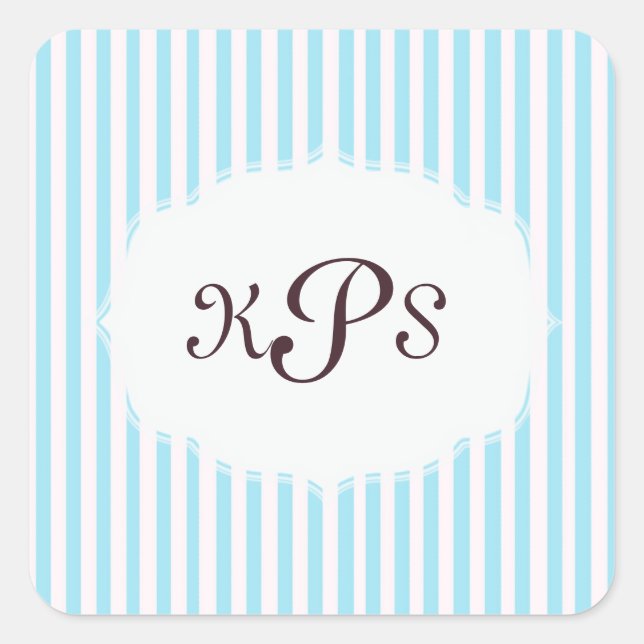 Aquamarine Baby Blue Streifen Monogram Aufkleber (Vorderseite)