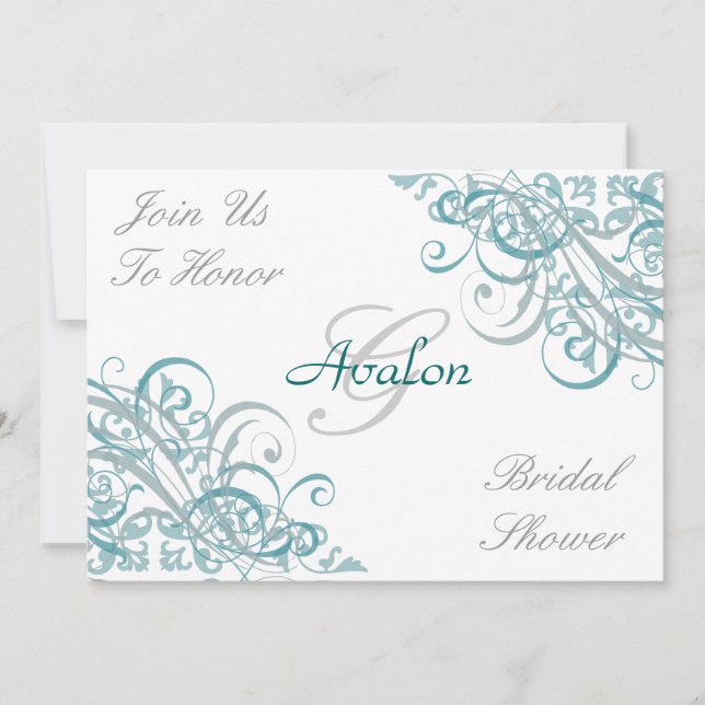 Aquamarine barocke Wirbel Bridal Dusche Einladung (Vorderseite)