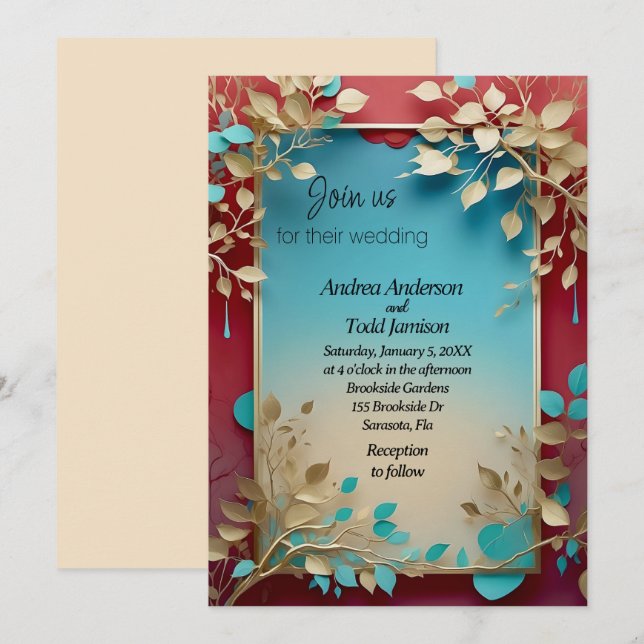 Aquamarine beige Blätter Hochzeit mit Goldrahmen Einladung (Vorne/Hinten)