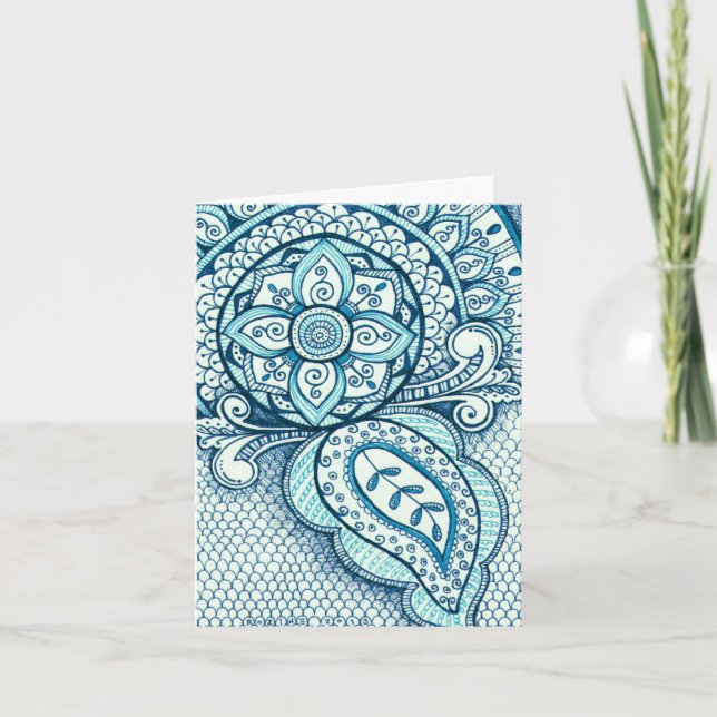 Aquamarine-Blau-Damast-indische Mandala danken Dankeskarte (Vorderseite)