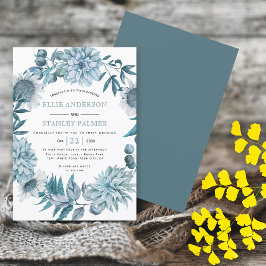 Aquamarine blaue Blumen und Blätter bei der Hochze Einladung
