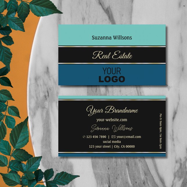 Aquamarine blaue Border auf Black Stylish mit Logo Visitenkarte (Von Creator hochgeladen)