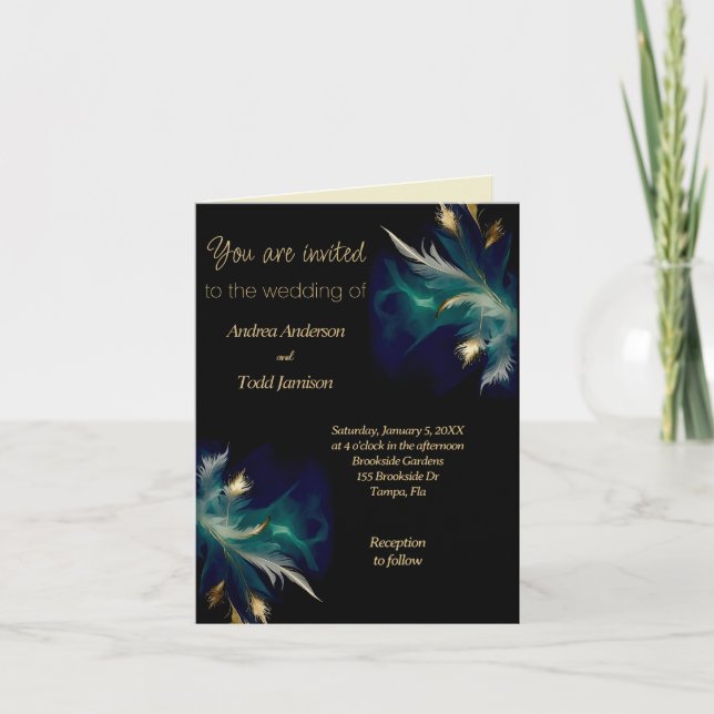 aquamarine blaue goldene Feder gefaltet Einladung (Vorderseite)