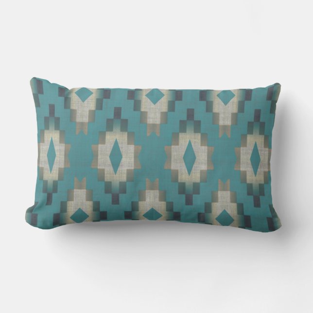 Aquamarine blaue grüne Taupe Grau Cream Tribal Art Kissen Für Draußen (Vorderseite)