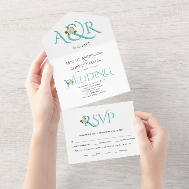 Aquamarine blaue Initialen und Ampersand, Hochzeit All In One Einladung (Abreißen)