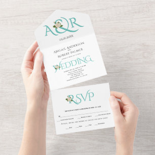 Aquamarine blaue Initialen und Ampersand, Hochzeit All In One Einladung