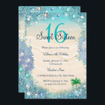 Aquamarine Blaue Meerwassersauger Perlen Süß 16 Pa Einladung<br><div class="desc">Aquamarines Blau,  Wassermeer,  Meeresperlen und Strand Sand,  Palm Tree Sweet 16 Geburtstagsparty. Einladung von 16 . Geburtstag. Hübsche Schimmer Meer Meer Juwel Design. Bitte beachten Sie: Alle flachen Bilder,  Sie haben keine echten Juwelen!</div>