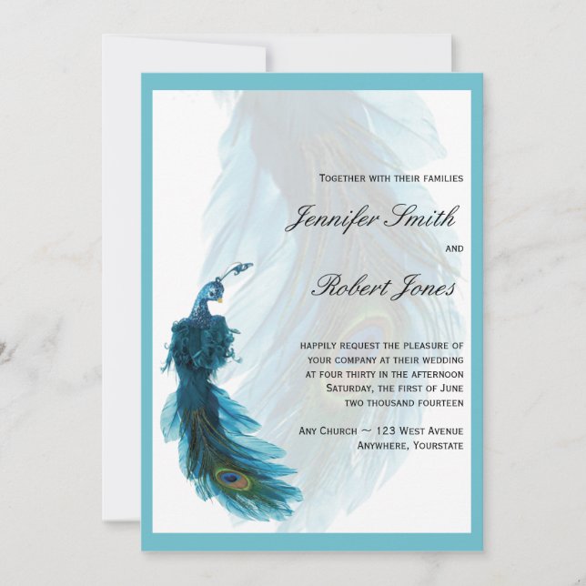 Aquamarine blaue Pfau-Feder-Hochzeits-Einladung Einladung (Vorderseite)