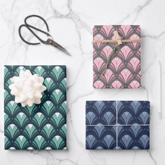 AQUAMARINE BLAUE PINK GRAY ART DECO-MUSTER GESCHENKPAPIER SET (Vorderseite)