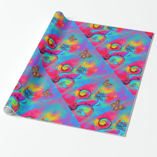 AQUAMARINE BLAUE PINK WHIMSICAL BLUME, GOLD SCHALT GESCHENKPAPIER