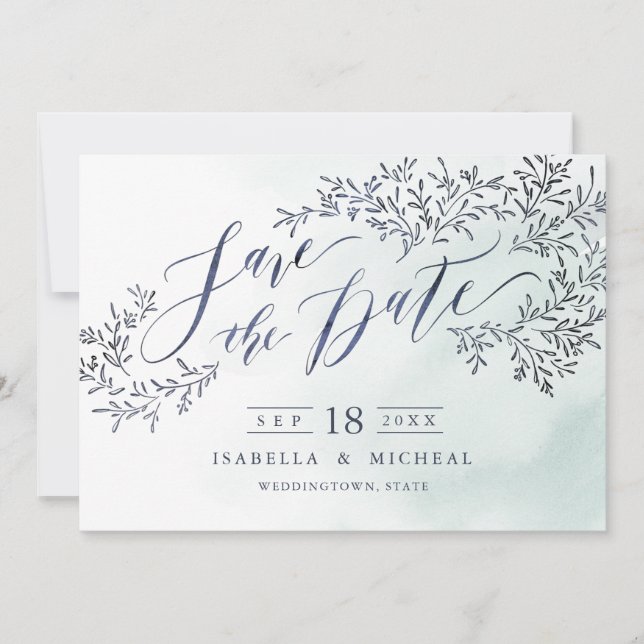 Aquamarine blaue rustikale Blumenkalligraphie Save The Date (Vorderseite)