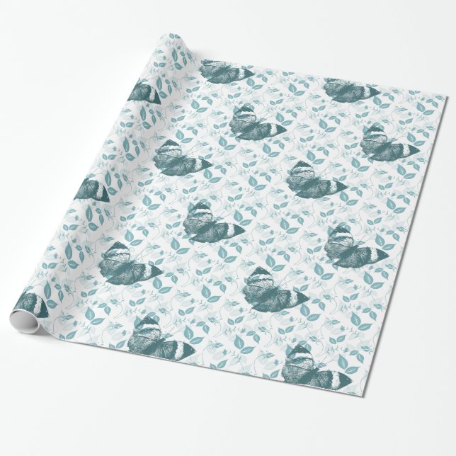 Aquamarine blaue Schmetterlinge Geschenkpapier (Ungerollt)