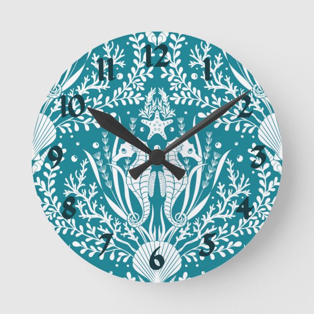 Aquamarine blaue Seepferde Ozeanlebensküste Runde Wanduhr (Vorderseite)