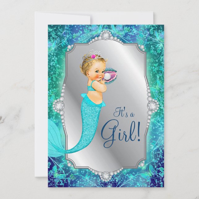 Aquamarine blaue Silbermedaille unter der Sea Baby Einladung (Vorderseite)