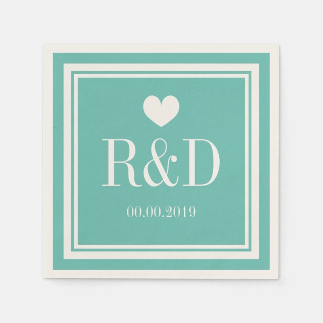 Aquamarine blaue und ecru Monogramm Papier Hochzei Serviette (Vorderseite)