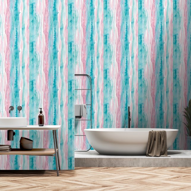Aquamarine, blaue und rosa Wasserfarben Streifen Tapete (Badezimmer)