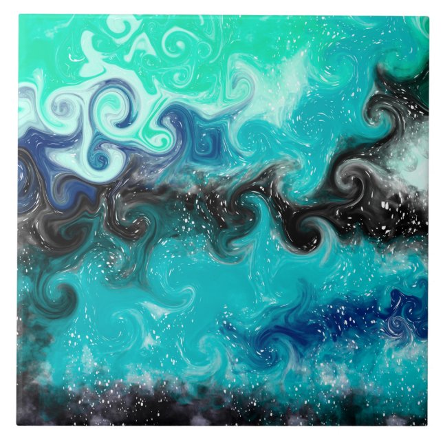 Aquamarine, blaue und schwarze Flüssig-Wirbel Fliese (Vorderseite)