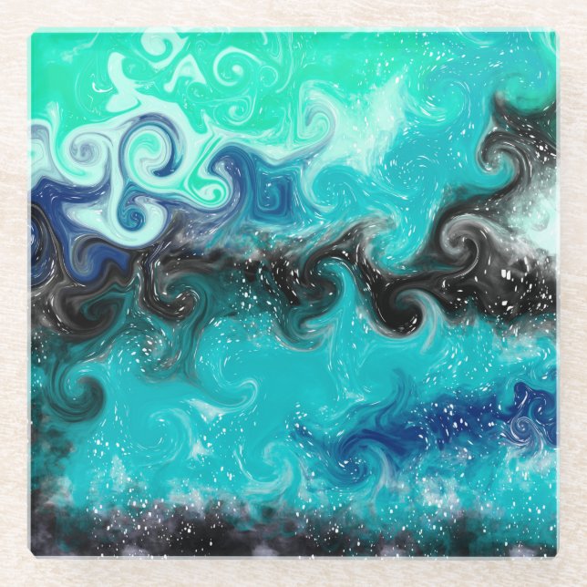 Aquamarine, blaue und schwarze Flüssig-Wirbel Glasuntersetzer (Vorderseite)