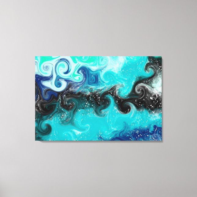 Aquamarine, blaue und schwarze Flüssig-Wirbel Leinwanddruck (Vorderseite)