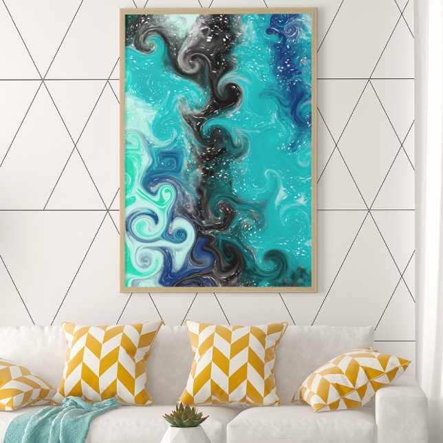 Aquamarine, blaue und schwarze Flüssig-Wirbel Leinwanddruck (Von Creator hochgeladen)