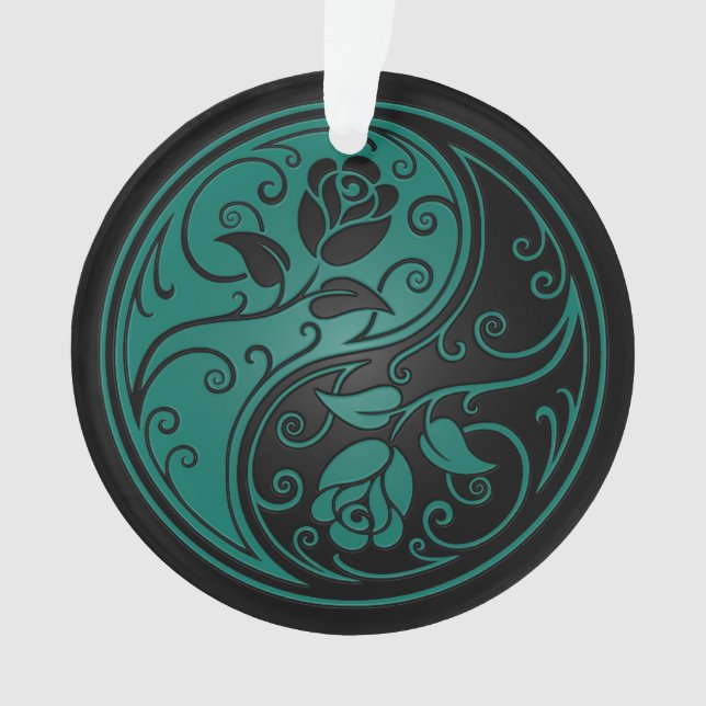 Aquamarine blaue und schwarze Yin Yang Rosen Ornament (Vorderseite)