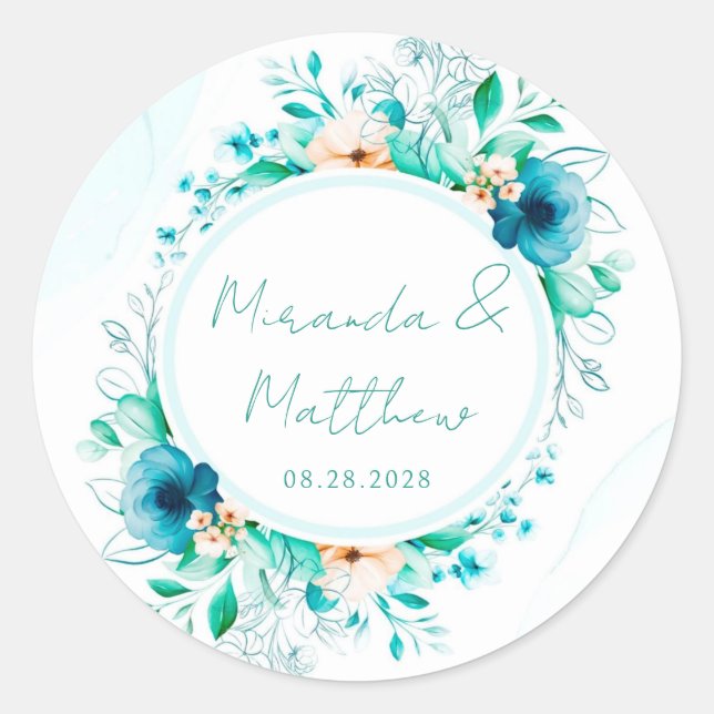 Aquamarine blaue Wasserfarbengeometrische Hochzeit Runder Aufkleber (Vorderseite)
