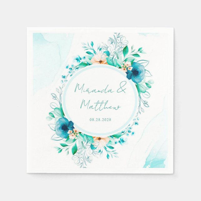 Aquamarine blaue Wasserfarbengeometrische Hochzeit Serviette (Vorderseite)
