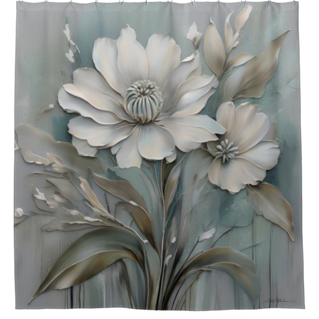Aquamarine blaugraue Beige Weiße Blume Duschvorhang (Vorderseite)