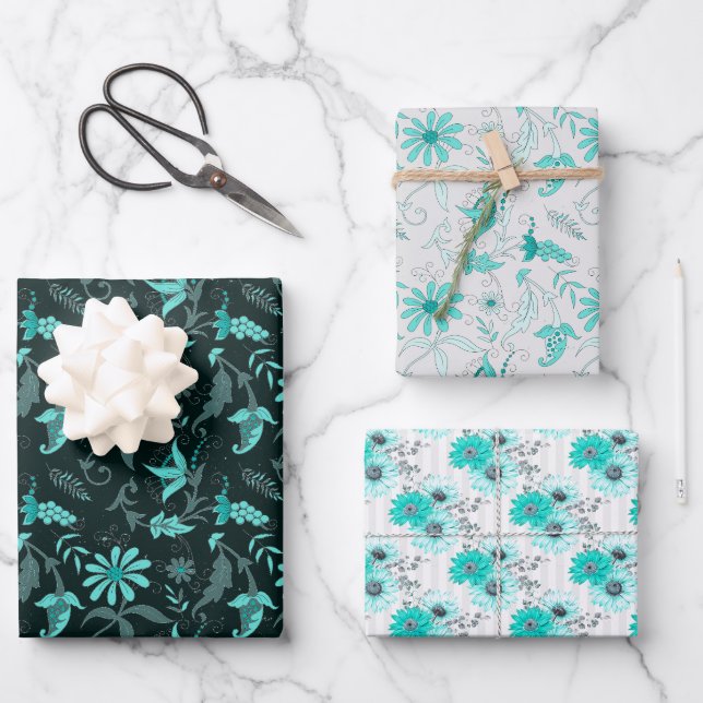 Aquamarine blaugraue weiße Blume - Set von 3 Geschenkpapier Set (Vorderseite)