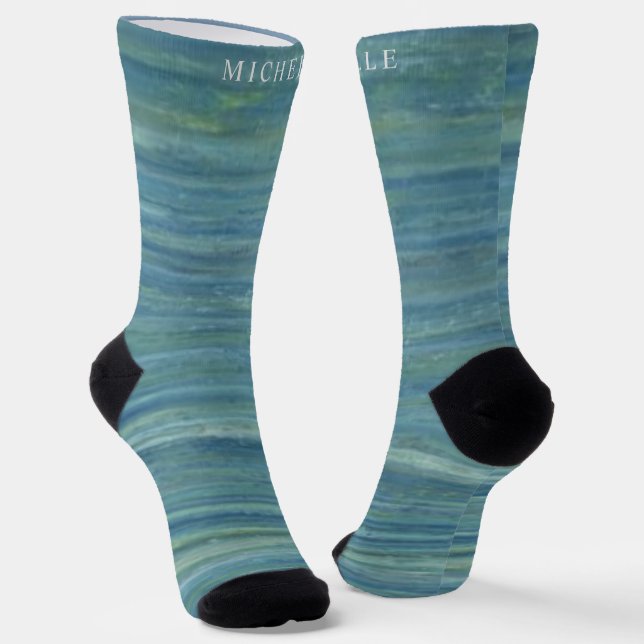 Aquamarine blaugrüne Marmorlinien Streifen Individ Socken (Gewinkelt)
