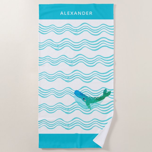 Aquamarine Blauwale und Waves Beach Handtuch (Vorderseite)