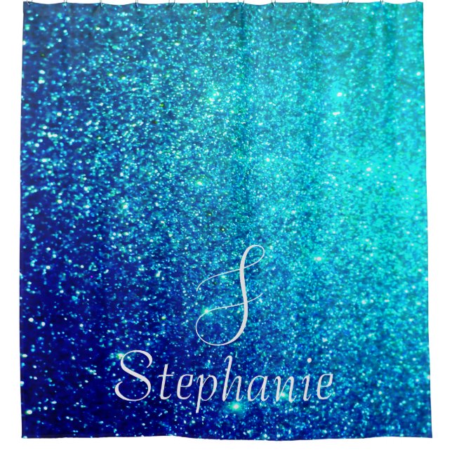 Aquamarine Blue Glitzer Sparkle Monogramm-Initiale Duschvorhang (Vorderseite)