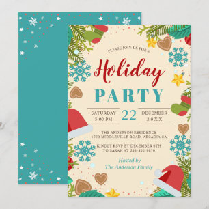Aquamarine Blue Holiday Party, Pine Snowflake Einladung