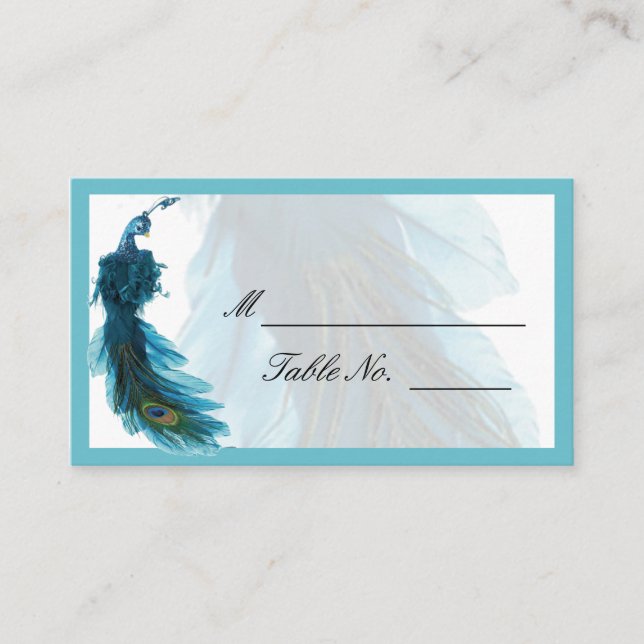 Aquamarine Blue Peacock Plume Wedding Platzkarte (Vorderseite)
