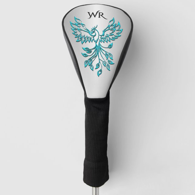 Aquamarine Blue Phoenix Erhöhungen der Silver Mono Golf Headcover (Vorderseite)
